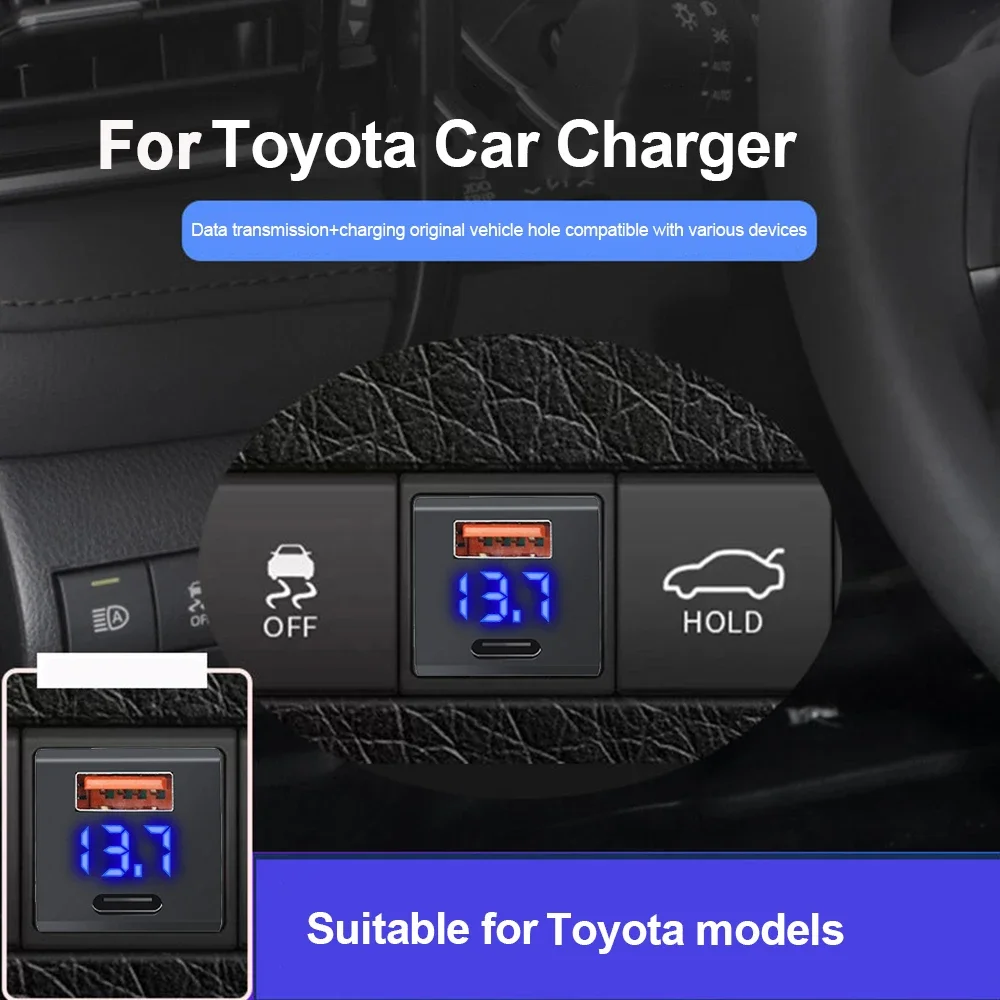 48W Fast Charger Voltmeter PD+QC3.0 USB Type-C Dual Port Phone Power Socket Quick Charge Mobile Phone Accessories For Toyota