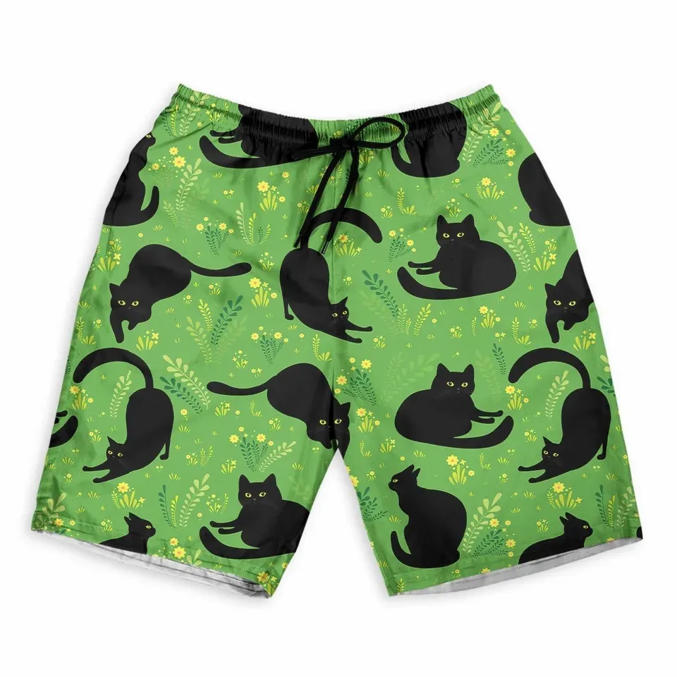 Men\'s Shorts Summer Shorts Casual Shorts Pocket Drawstring cute cat Breathable Soft Short Fashion Streetwear beach pants for boy