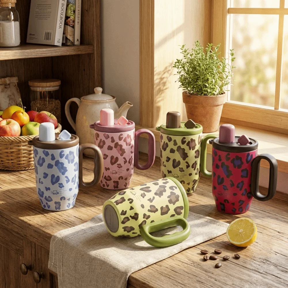 Leopard Pattern Leopard Pattern Insulated Cup Portable with Handle Thermos Water Bottle Large Capacity Leak-Proof