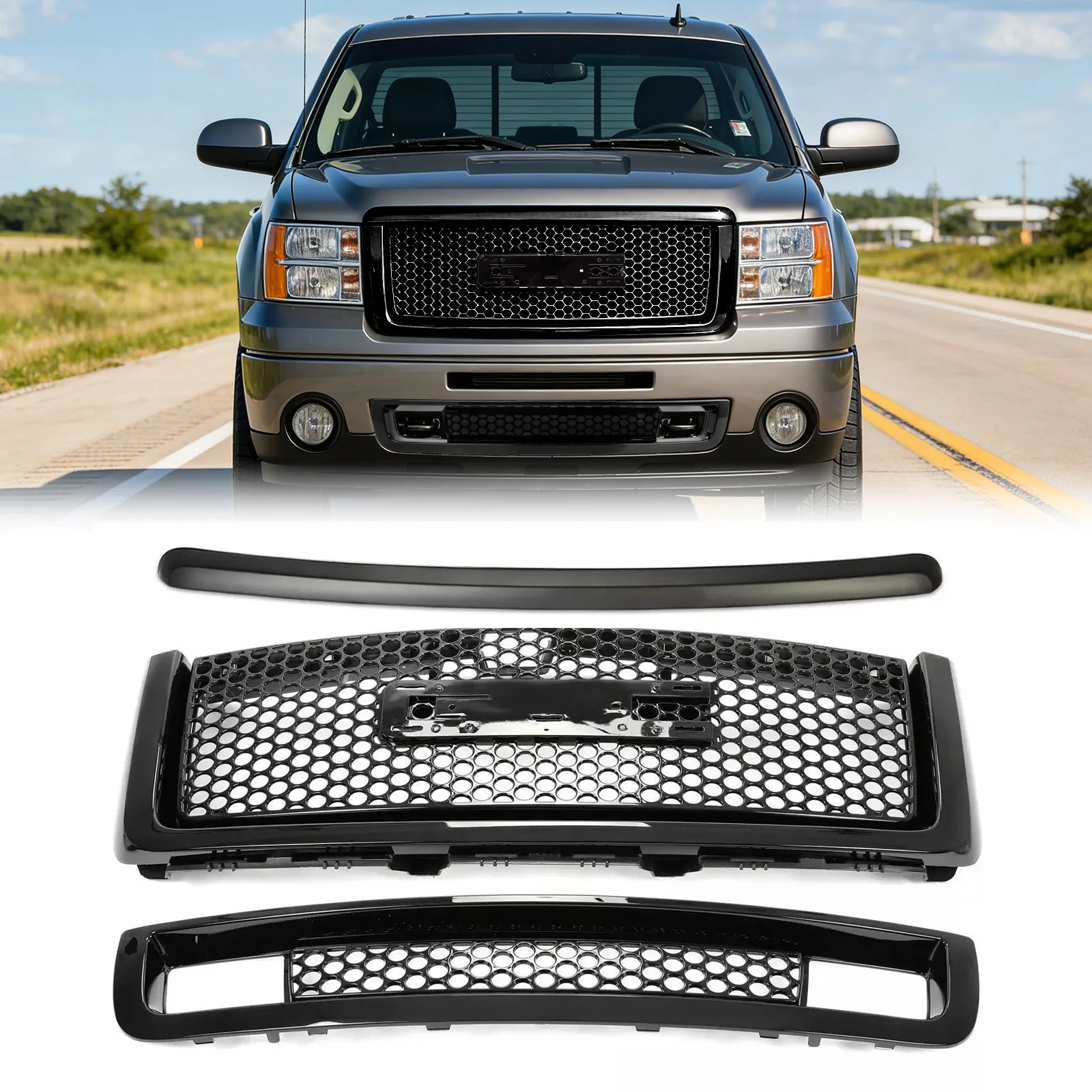 

Front Upper Lower Grille/Hood Molding For GMC Sierra 1500 2007-2013 Gloss Black