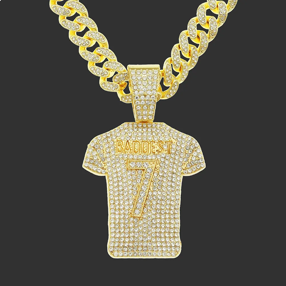 European American Hip Hop Men's Exaggerated Full Rhinestone Jersey Pendant Necklace Nightclub Dance Streetwear Cuban Chain