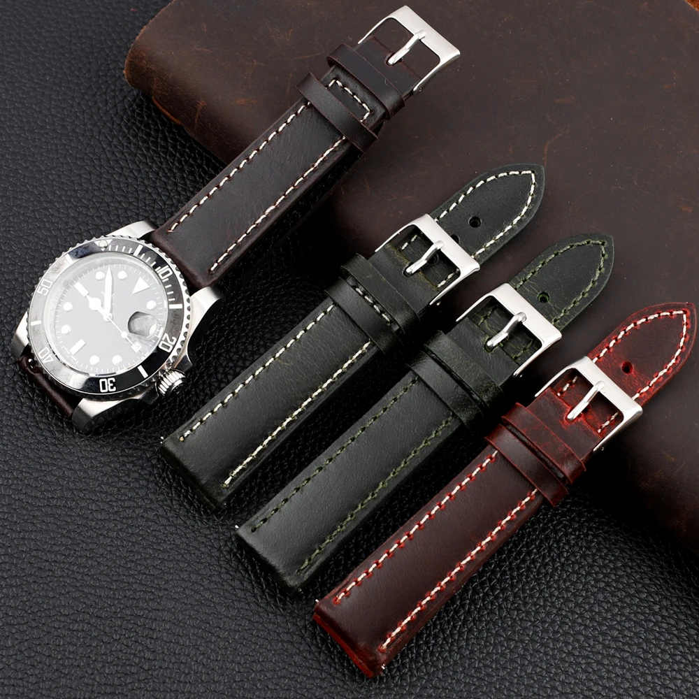 Genuine Leather Handmade Stitching Watch Band 18mm 19mm 20mm 21mm 22mm Soft Wrist Bracelet Smooth Surface for Watch Accessories