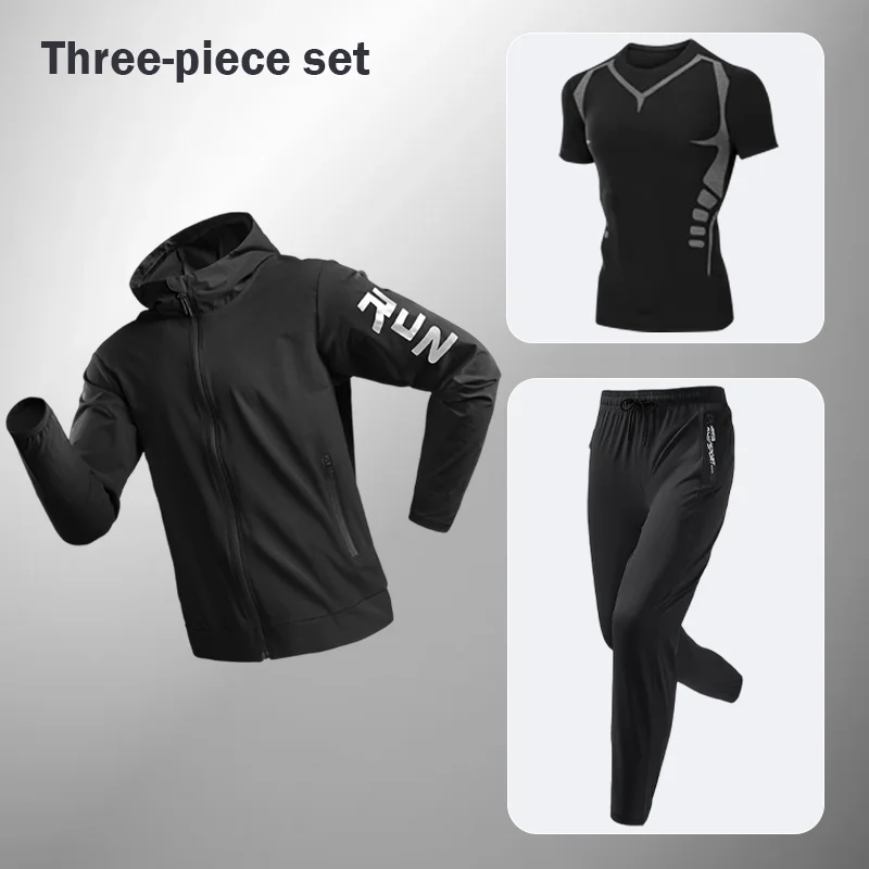 

Men's Quick-Drying Sportswear Three-Piece Set Spring Fitness Morning Running Outfit Training Clothes Windproof Zip-Up Jacket