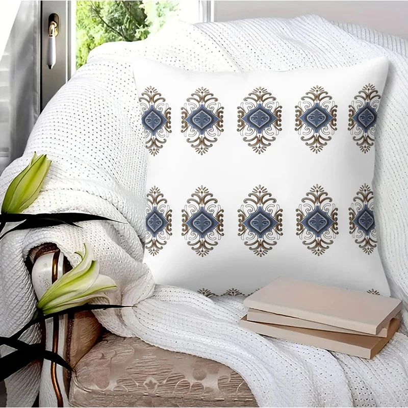 European Microfiber Square Throw Pillow(With Pillow Insert),Skin-Friendly Breathable,White Blue Ethnic Print Cushion For Sofa