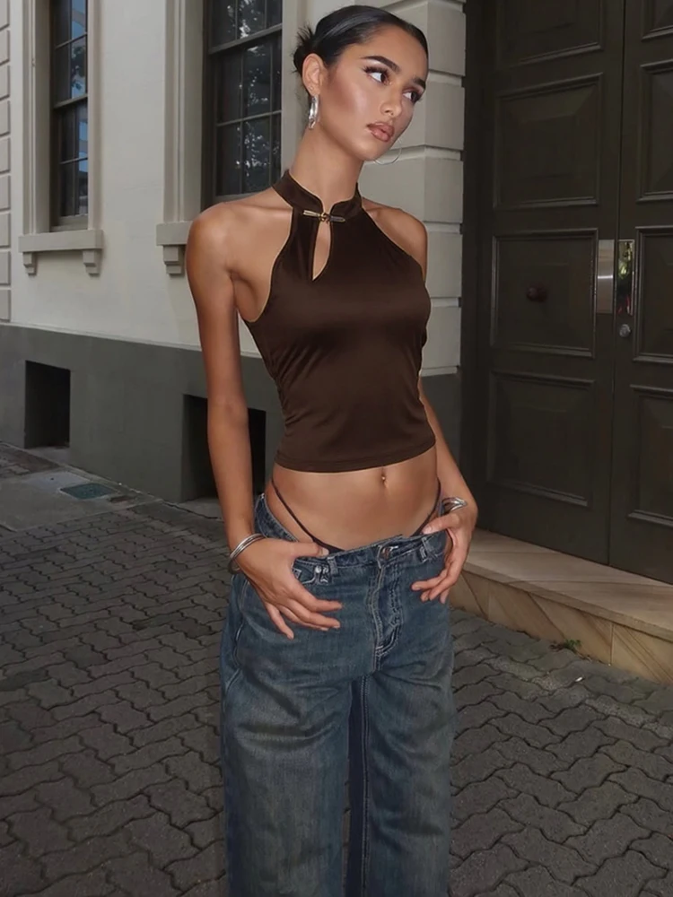 

Weird Puss Metal Buckle Tank Tops Women Summer Trend Y2K Daily Basic Classic Hollow Streetwaer Stretch Chic Solid Simple Vest