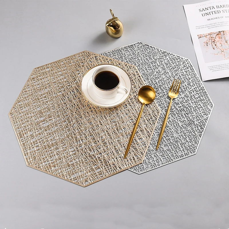 4/6pcs PVC Placemats Cutout Hangable mat Octagonal Hollow Non Slip Dining Table Mats Coaster Home Table Decoration Gold Placemat