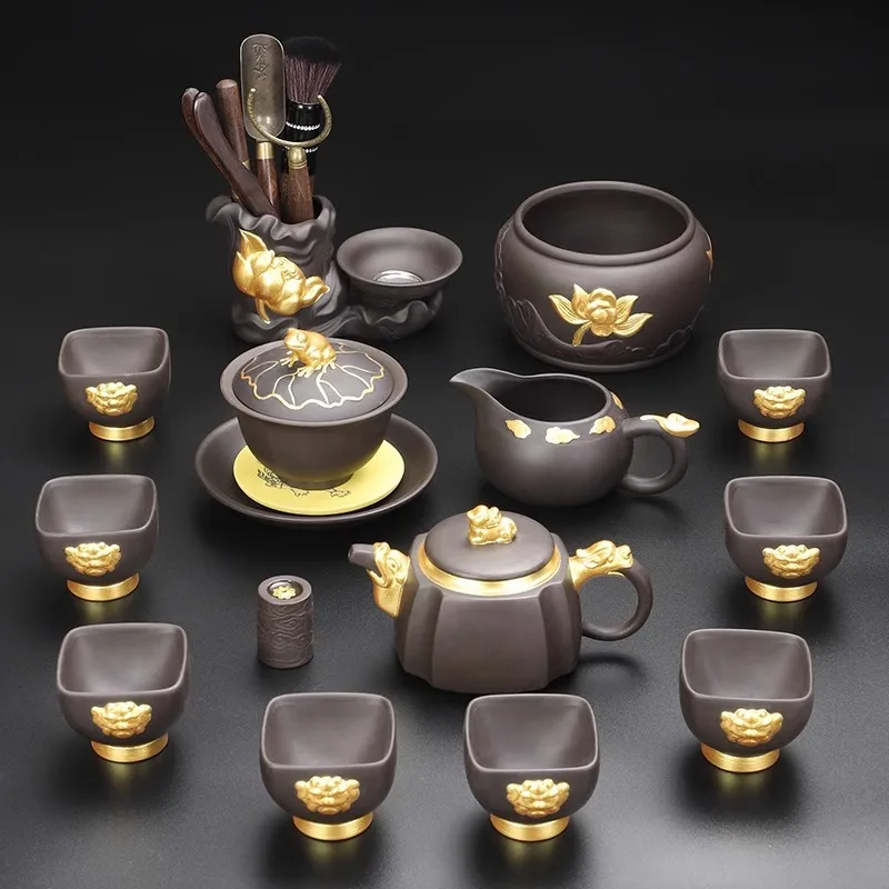 

Light Luxury Tea Set Household Purple Clay Pot with Gold Painted Chinese Kung Fu Cover Bowl, Tea Cup Gift Box