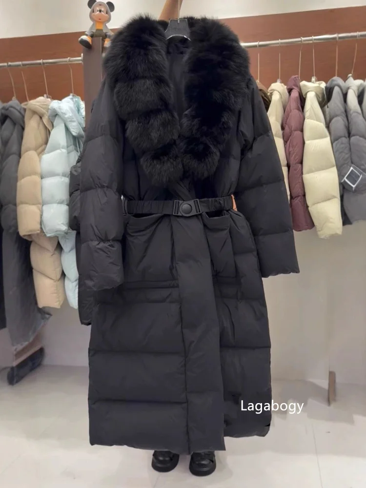 Lagabogy 2026 Long Down Jacket Winter Large Real Fox Fur Collar Waist Women Parkas Elegant Thicken Hooded White Duck Puffer Coat