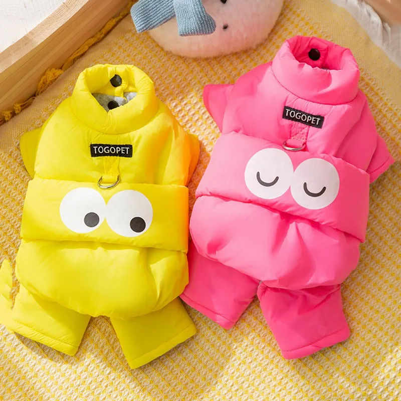 Pet Winter Clothes Thickened Warm Cartoon Dog Clothes Poodle Cute Big Eye Monster Plain Traction Four Legs Cotton Coat