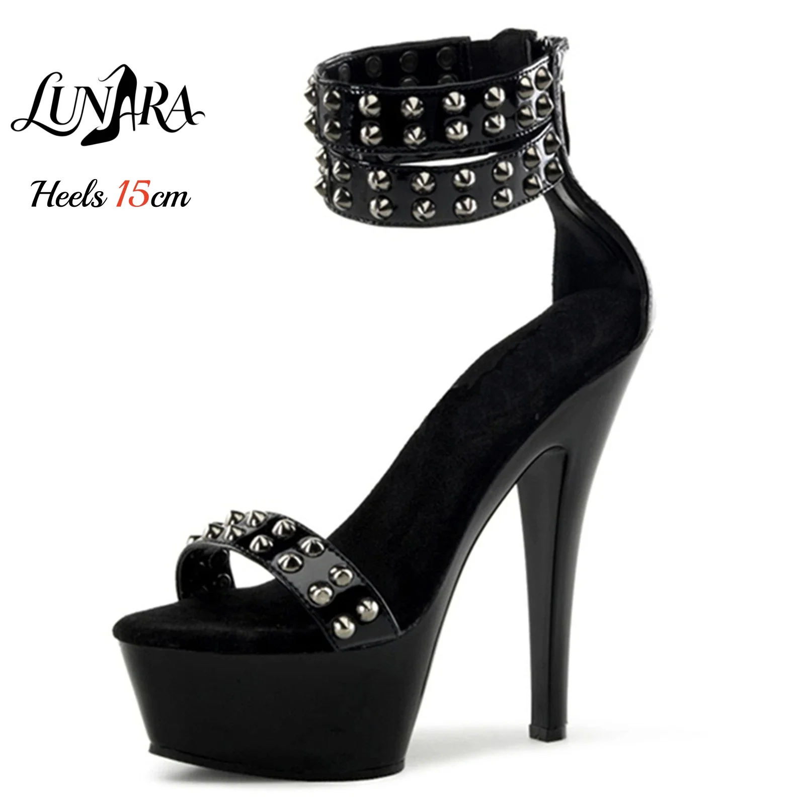 15cm/6in Black Patent Platform Sandals Punk Studded Straps Open Toe Back Zipper Non-slip Sexy Rave Party Stage Ladies Pole Dance