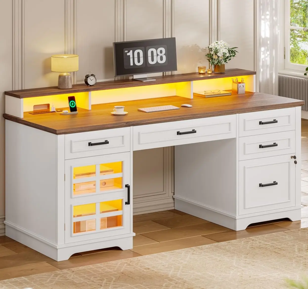 60'' Farmhouse Executive Desk with Drawers, Home Office Desk with Power Outlet & LED Light, Wood Computer Desk, Customized