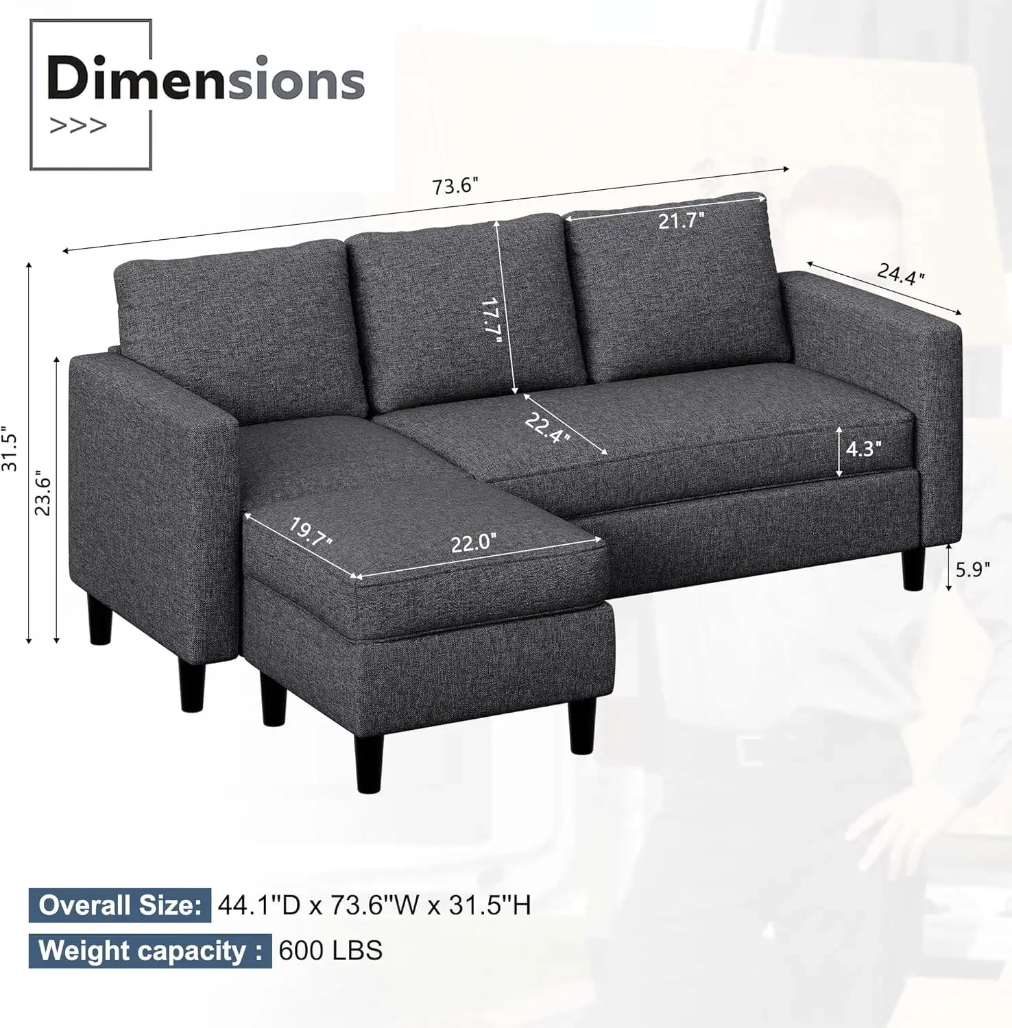 Sectional Sofa for Living Room, Small 3-Seat L Shaped Couch w/ Chaise, Convertible Sofa Clearance Set for Small Space,Black Grey