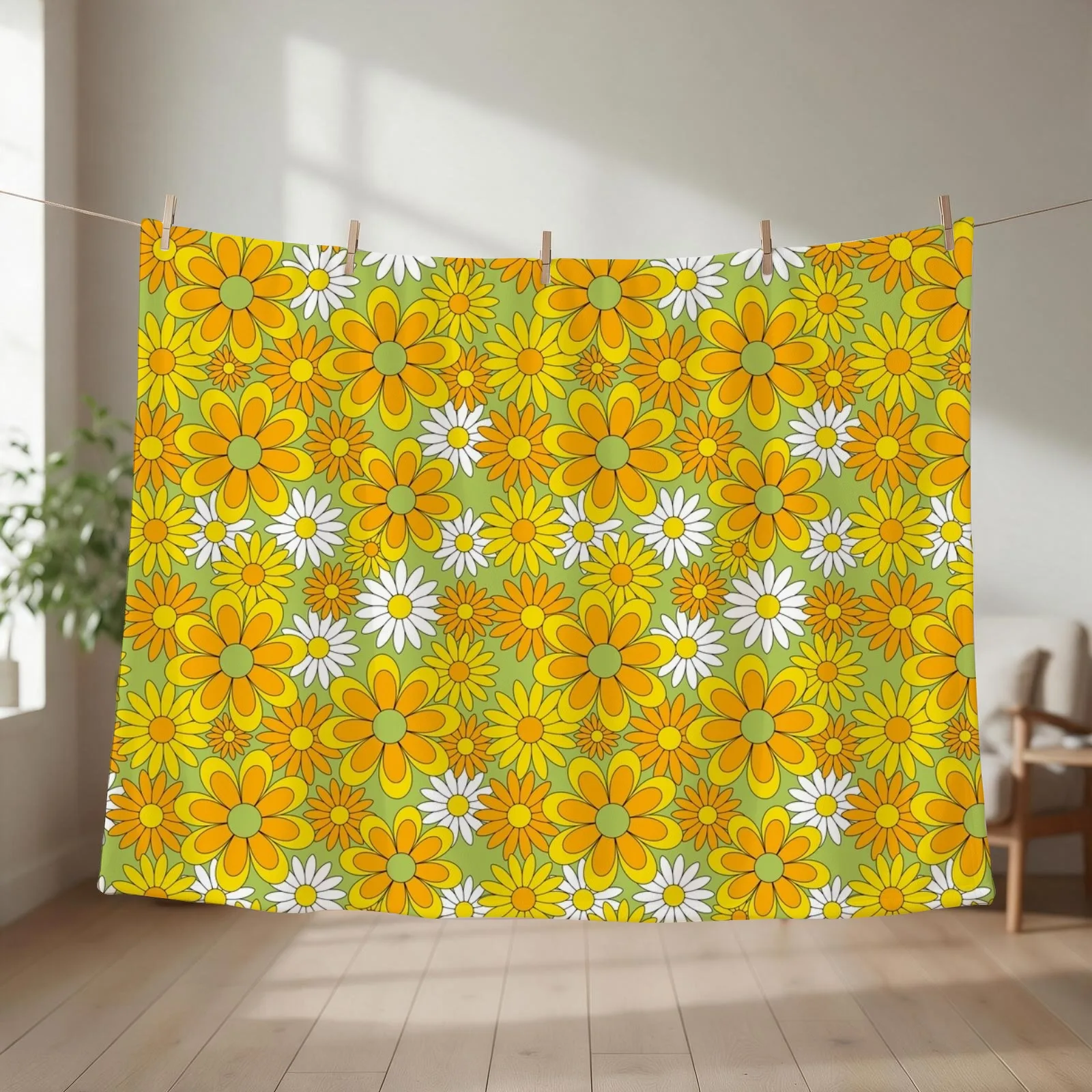 70s Flower Power Green Orange Yellow Retro Daisy Throw Blanket couch cozy soft plush fuzzy picnic outdoor blanket