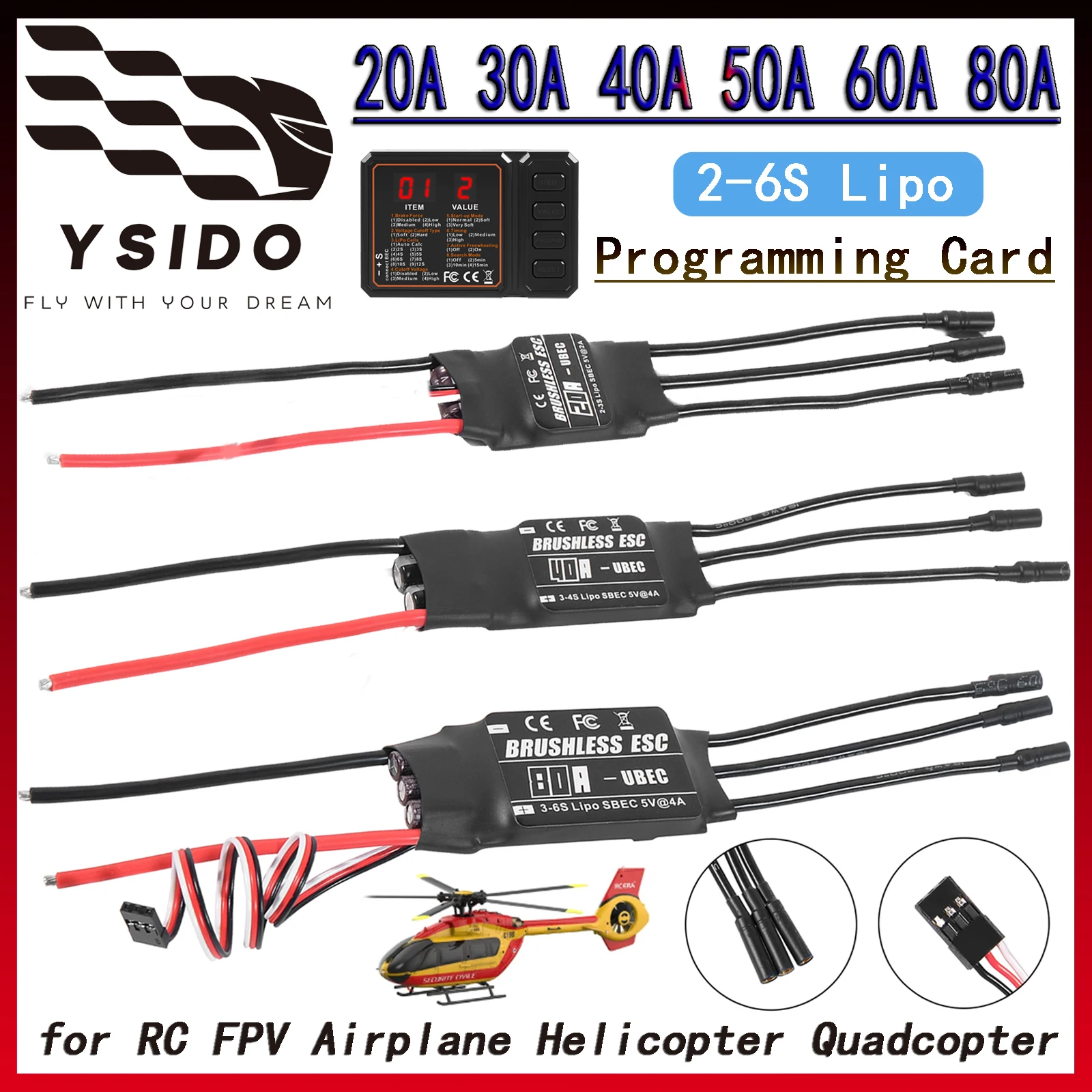 

RC FPV Airplane Helicopter Quadcopter Model Part Brushless 20A 30A 40A 50A 60A 80A ESC 2-6S Lipo 5V/2A With UBE Programming Card