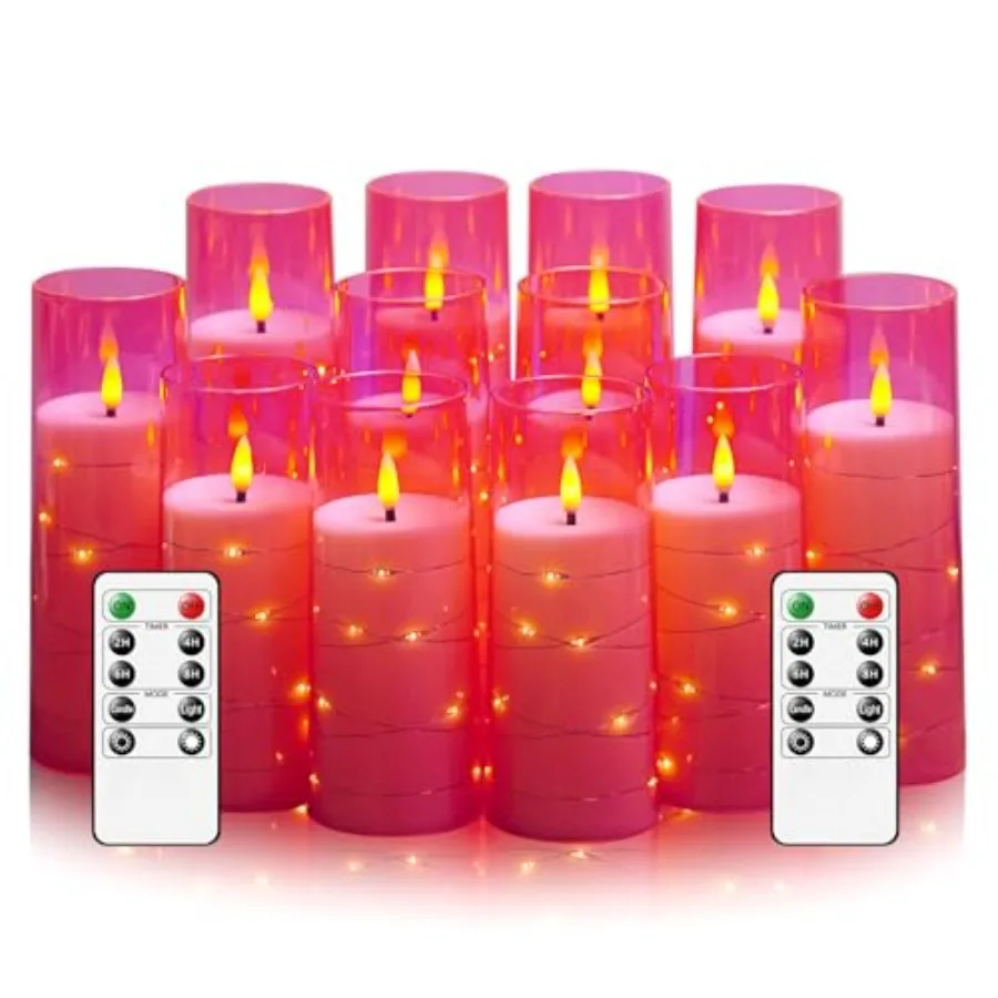 

Flameless Candles with Embedded Star String - Battery Operated LED Candles, with Remote, 12 Pink Flickering Candles for Christm