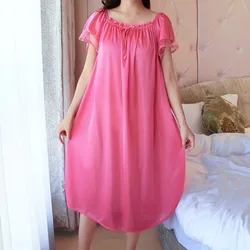 Ice Silk Lace Long Sleepwear V-neck Sleepwear Set Nightdress Homewear Nightwear Pyjamas Female  Nightgown Loose Plus Size