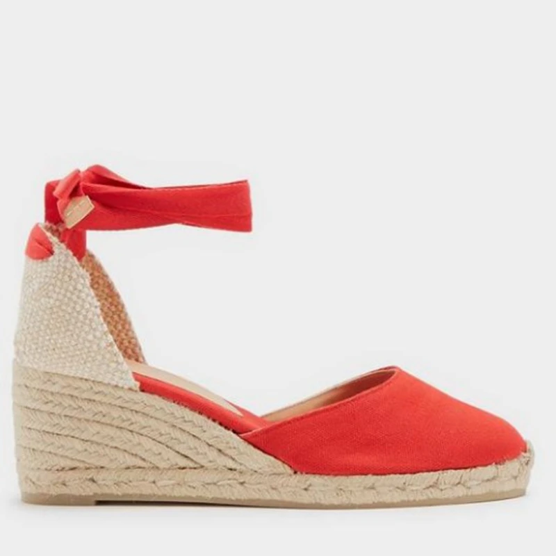 SIMLOVEYO Canvas Spring Ladies Shoes Ankle Strap Espadrille Sandals Wedges Heel Flax Hemp Big Size 35-43 Red Black Beige S2974