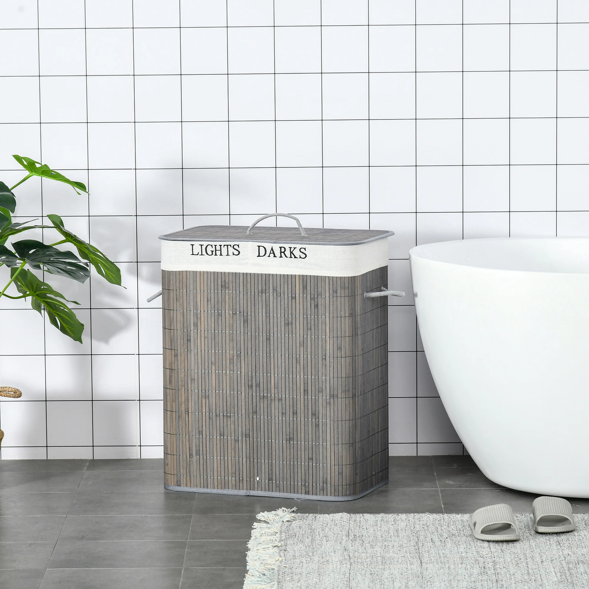 

Серая складная корзина для белья в стиле бохо с 2 отделениями, объемом 26,4 галлона, из бамбука, с крышкой, для светлой и темной одежды