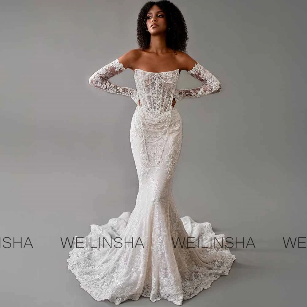 فساتين زفاف حالمة للحفلات الدانتيل حورية البحر/البوق فساتين الزفاف النساء العاج حمالة Ruched الدانتيل فساتين نسائية الاتجاه