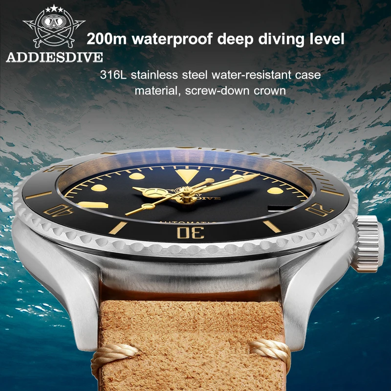 ADDIESDIVE Men Automatic Wristwatch NH35A Movement Stainless Steel Sapphire Glass Luminous 200m Diving Watch Relojes Mecánicos