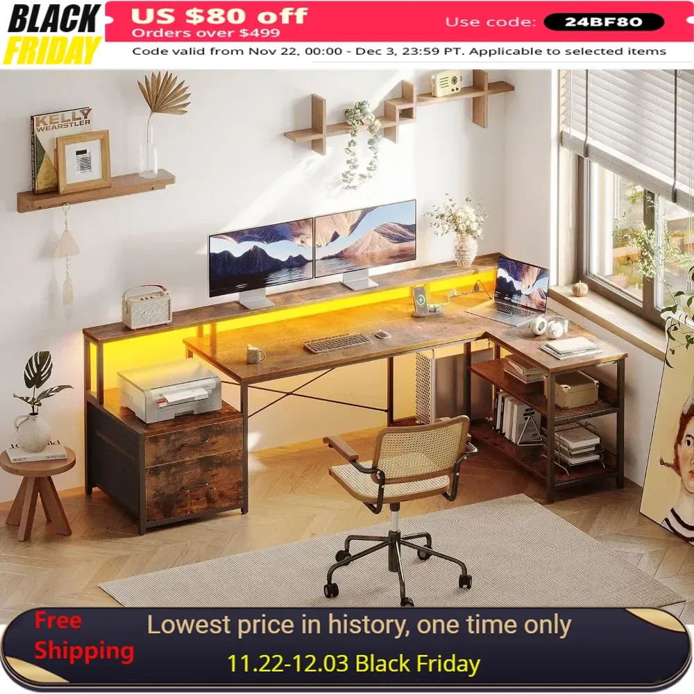 

75" Computer Desk with File Drawer, Power Outlet, LED Strip, Storage Shelves, Monitor Shelf, Reversible L Shaped Writing Desk