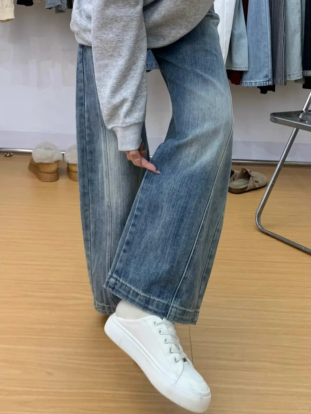 

American Retro Wide Leg Jeans Women's Small Size High Waist Slimming Design Loose Drapey Straight Blade Pants