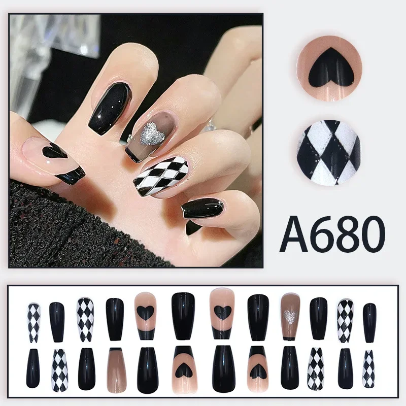 Y2K Black White Star Artificial Fake Nails Full Cover Short False Nail Removable Press on Nails for Women Girls DIY Manicure Art