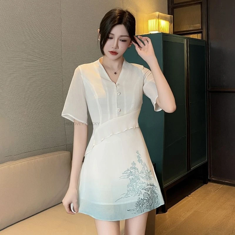 Female Improved  Graceful Chiffon Slimming Short Cheongsam Set Spa Beauty Hotel Technician Women Work Clothes Uniform Set