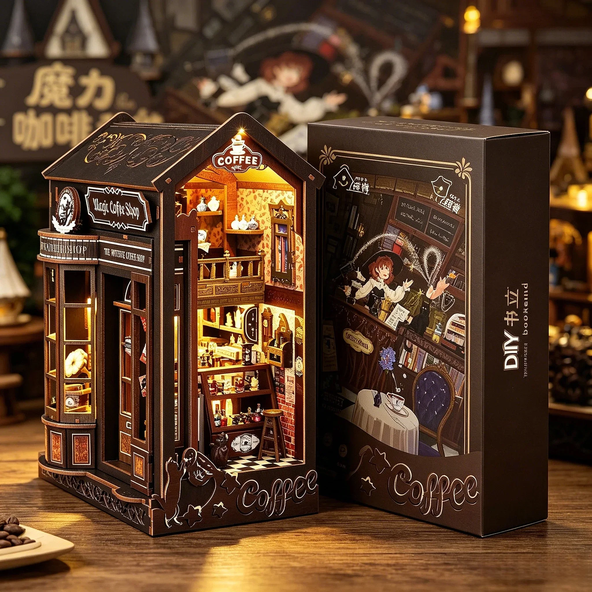 Diy Wooden Book Nook Kit Shelf Insert - DIY-Bücherregal-Einsatz-Set „Magisches Café“ – Miniatur-Puppenhaus 3D-Puzzle-Montagemodell