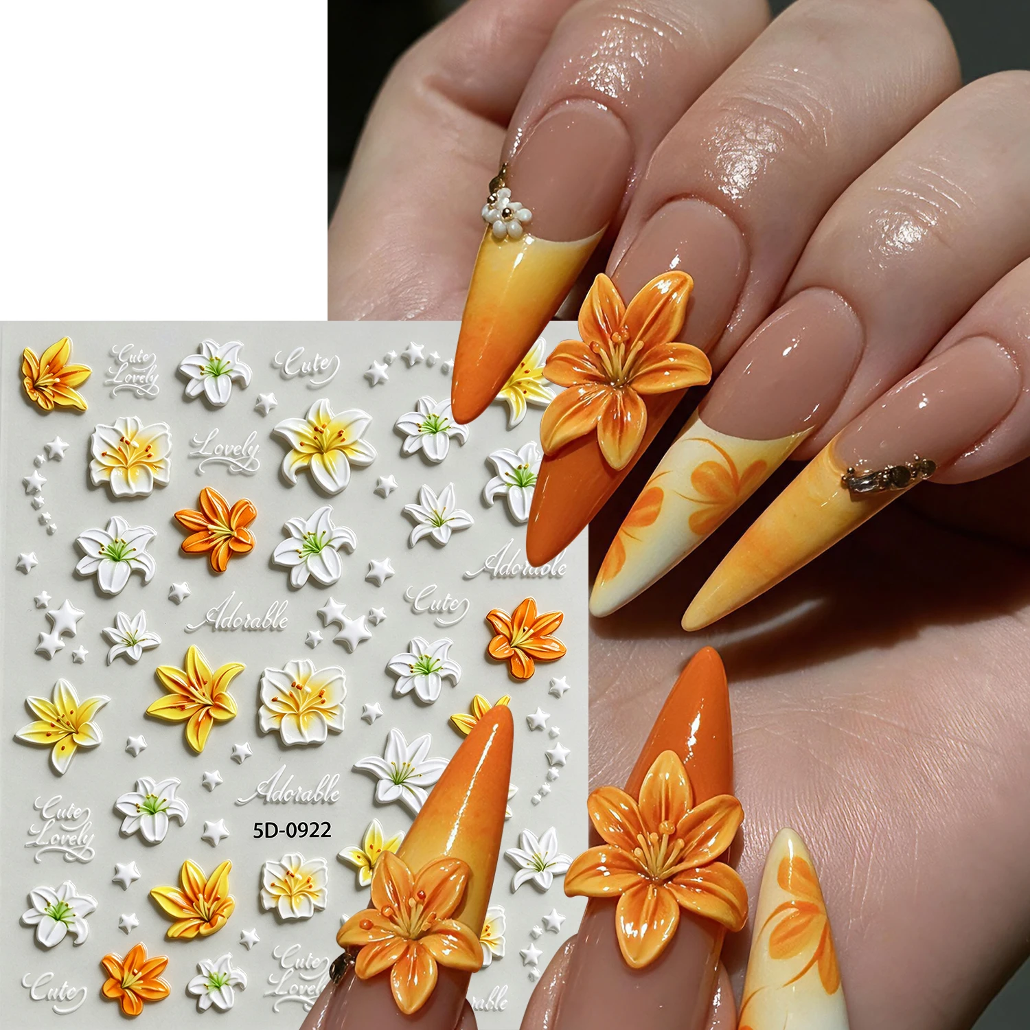 1pcs 5D Embossed Warm Yellow Lilies Nail Stickers Rustic-style Frangipani Flower Nail Decals Petals Blossom Manicure Decoration