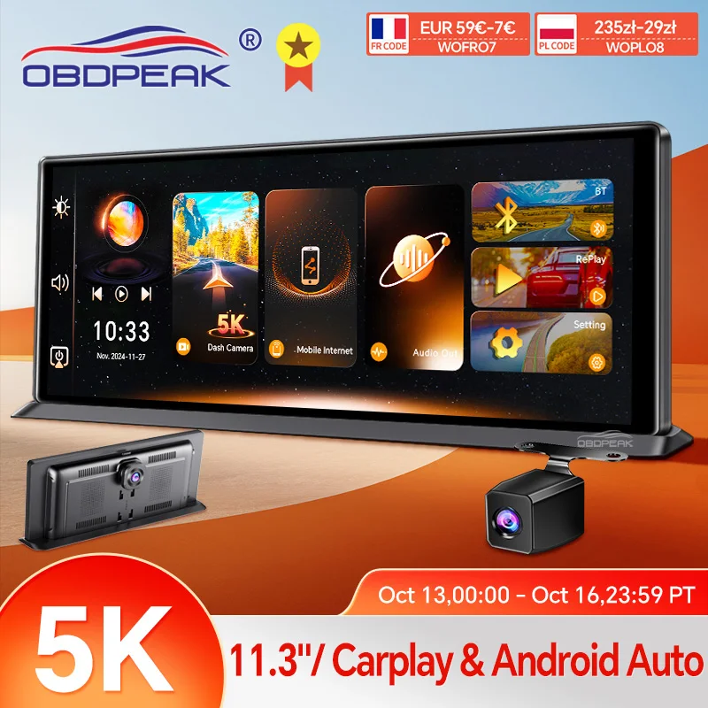 K8 Pro 11,3" Kamera samochodowa z ekranem dotykowym 5K Kamera samochodowa GPS 5G WiFi Bezprzewodowy CarPlay i Android Automatyczne nagrywanie w pętli Nawigacja GPS DVR