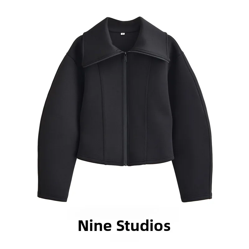 

NINE ZAR Women's Slim Fit Jacket Zipper Trimmed Collar Short Outerwear European Style Long Sleeve High Collar Polyester Fiber