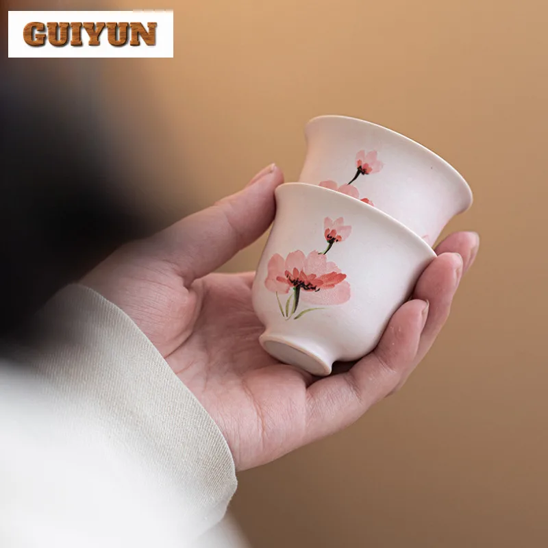 

2pc/lot Hand-painted Corn Poppy Teacup Zen Tea Bowl Tea Pair Tea-tasting Meditation Cup Chazhan Master Cups Chinese Tea Set 50ml