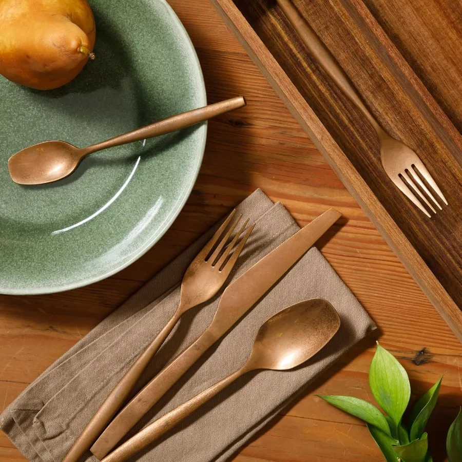 20 قطعة من أدوات المائدة المصنوعة من الحجر المغسول باللون الذهبي الوردي 18 10 مجموعة أدوات المائدة الفضية المصنوعة من الفولاذ المقاوم للصدأ مع خدمة علبة خشب السنط fo #6