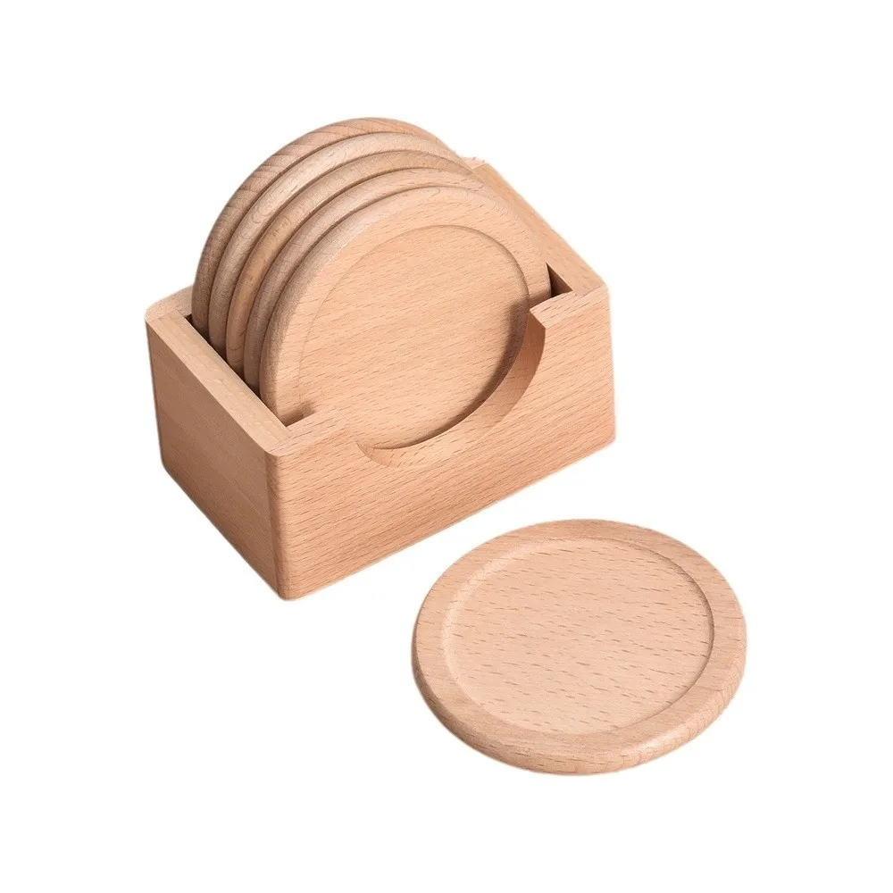 

6pcs/set Household Japanese Style Wood Coaster Round Anti-scalding Teacup Mat with Storage Box Retro Insulated Placemat Tearoom