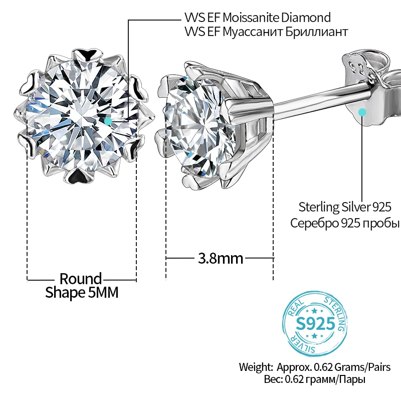 0.5/1/2ct Moissanite Women Earring Silver 925 Plated With White Gold Christmas Gift Stud Earrings Free Shipping