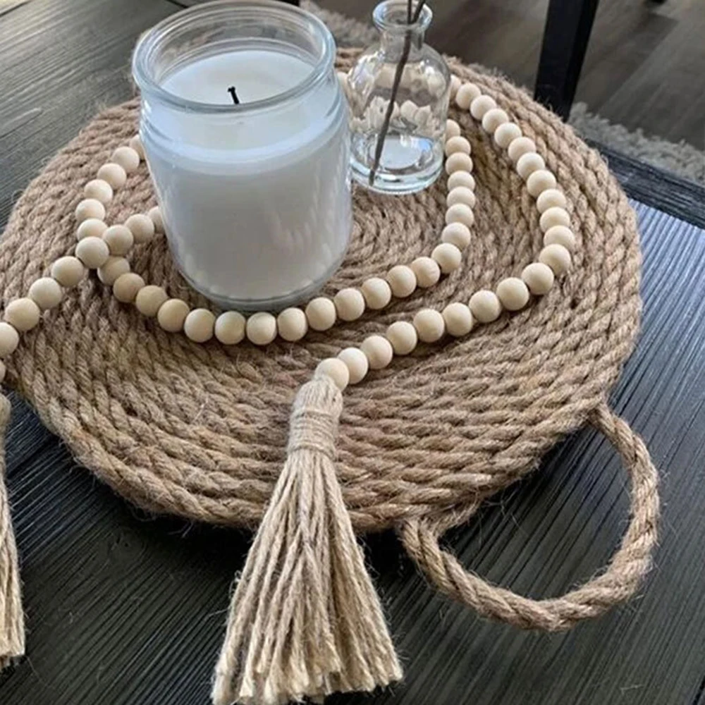 Diy Natural Wood Colored Hemp Rope Tassel Wood Bead Hanging Can Be Used For Prayer, Tassel String, Home Decoration Bead String