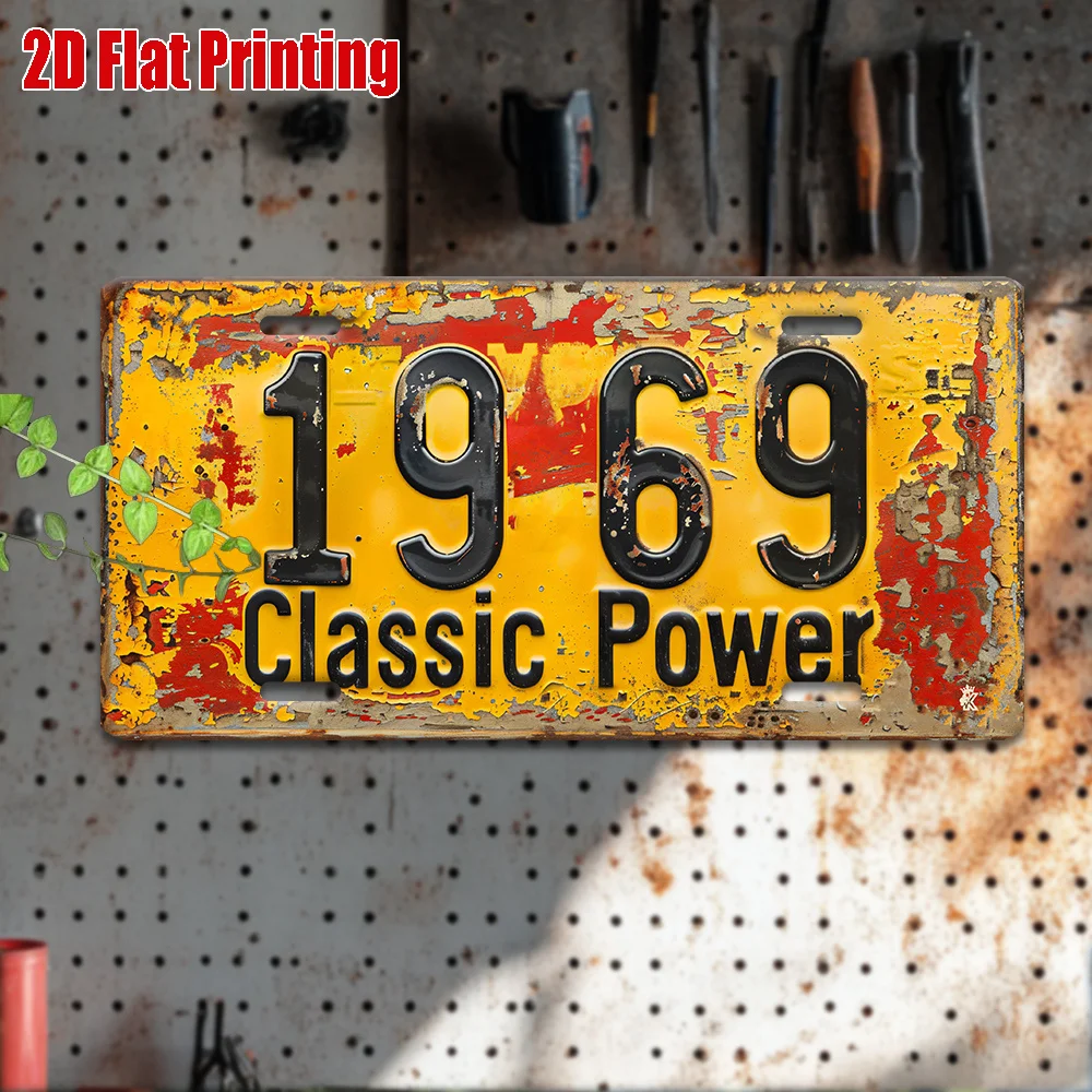 Vintage 1969 Classic Power Metal License Plate - Rustic Yellow Aluminum Wall Art with Black Numbers, es, Perfect for Garage, Ba