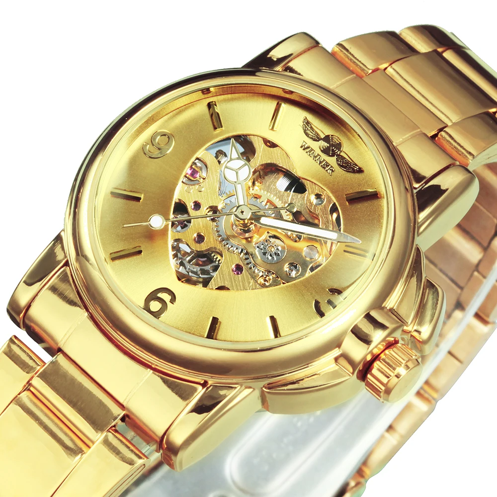 WINNER Luxury Elegant Skeleton Automatic Mechanical Watch for Women Luminous Hands Stainless Steel Strap Business Ladies Watches