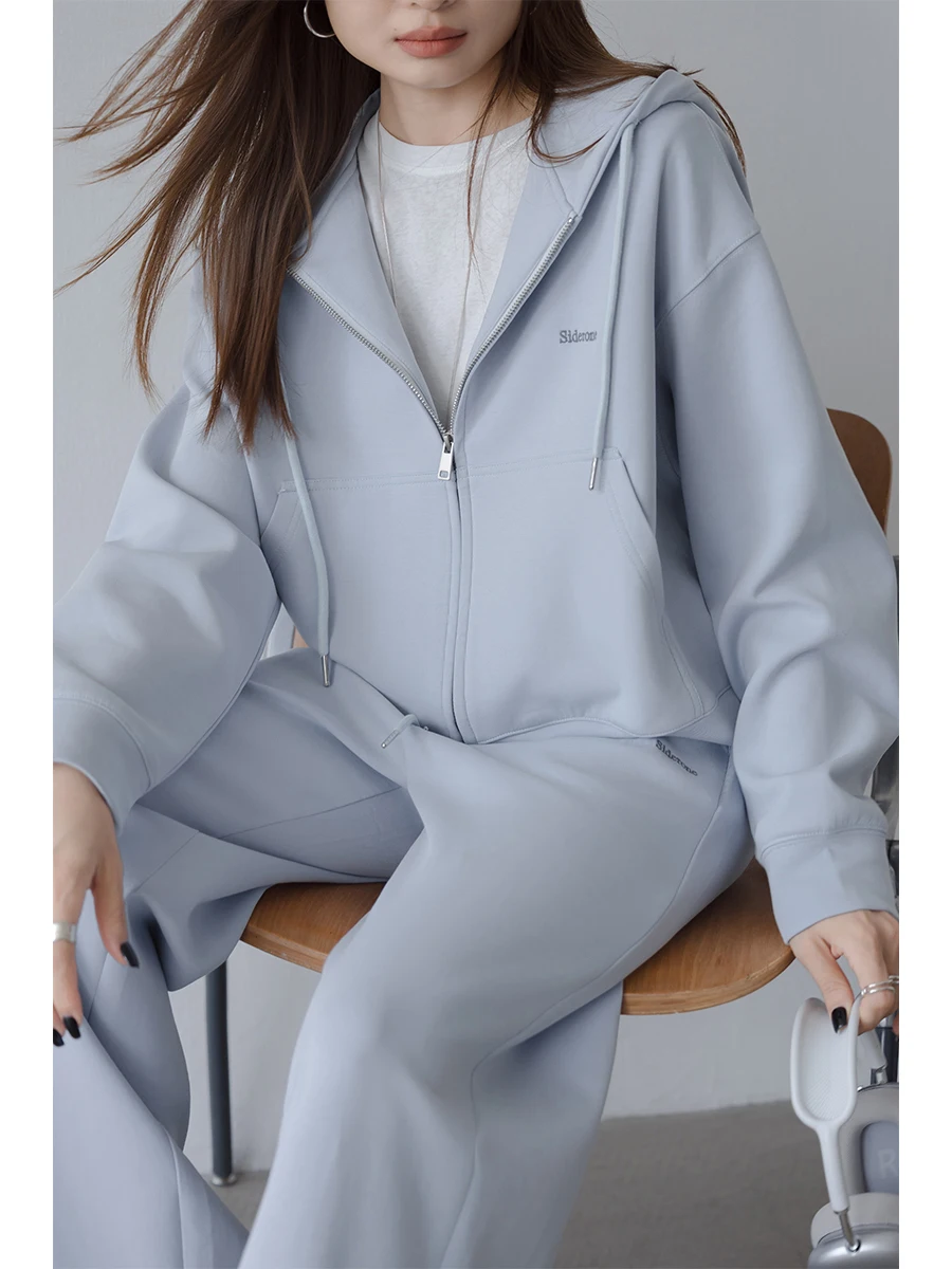 

Синий спортивный костюм для женщин: повседневный свободный комплект из худи и брюк, хлопковый, для осени и весны, модный комплект из двух предметов