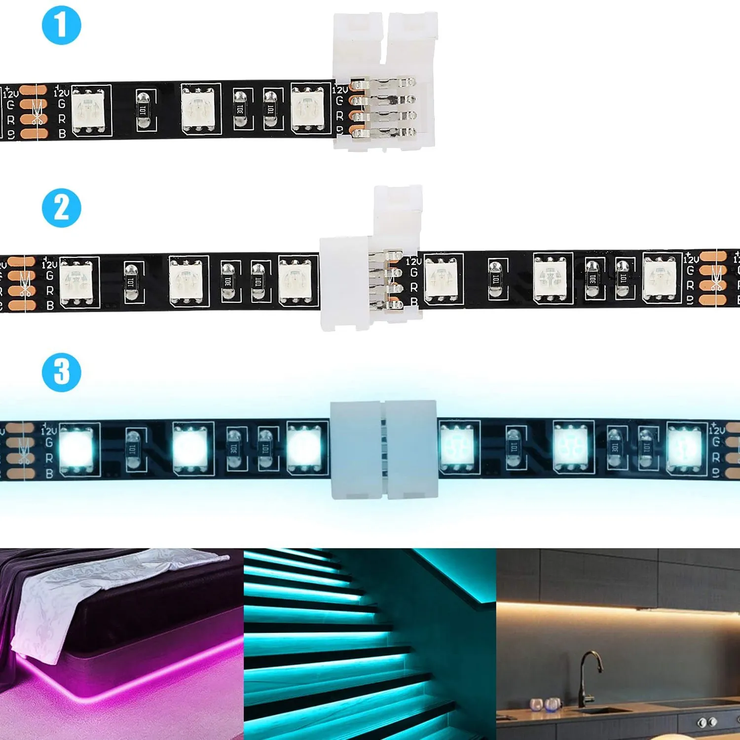 DT19-50Packs 4-Pin RGB LED Light Strip Connectors 10Mm LED Strip Gapless Solderless Adapter Terminal Extension