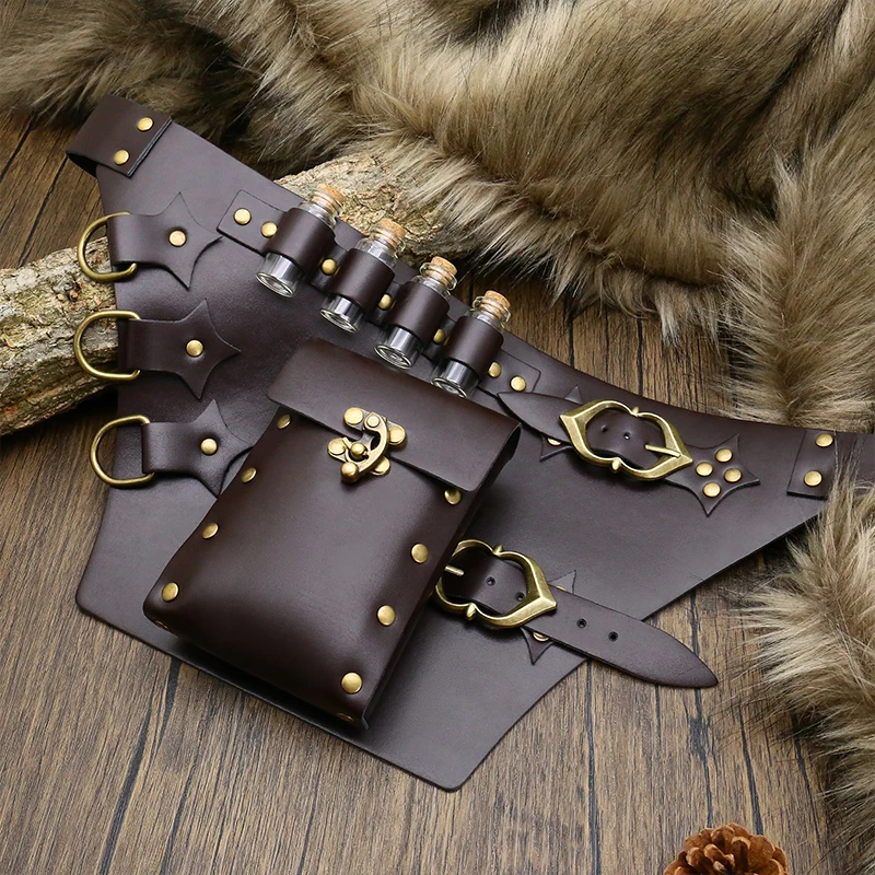 Medieval Alchemist Waist Bag Vintage Viking Style Multifunctional Utility Belt with Bottle Holders Cosplay Costume Accessories
