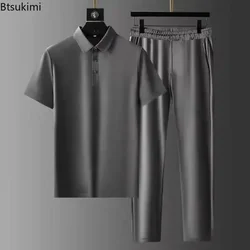 2025 Men's Fashion Solid Two-Piece Sets Casual Comfy Lapel T-shirt+Trousers Sport Outfit Men Breathable High-Quality Tracksuits