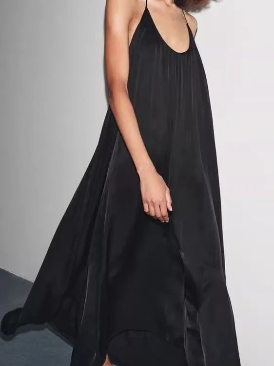 Zijde Satijn Bal Strap Dr Dames Losse Taille A-lijn Rok V-Ne Svel Casual Sle Zomer Faion Pendelen