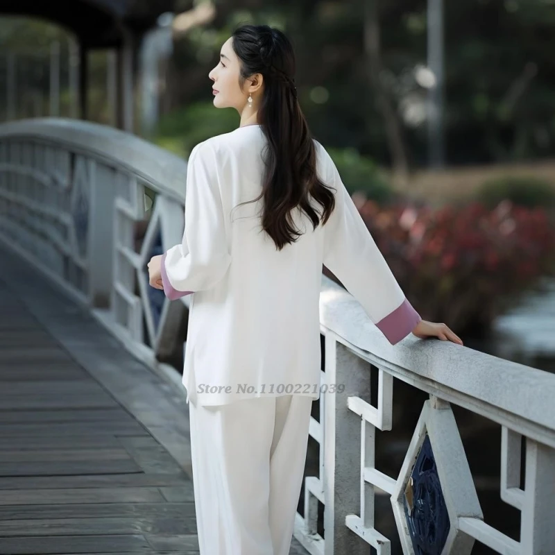 زي الكونغ فو الصيني لعام 2025 مجموعة هانفو المحسنة للتأمل ووشو تاي تشي بدلة الكونغفو ملابس تدريب المشي في الهواء الطلق