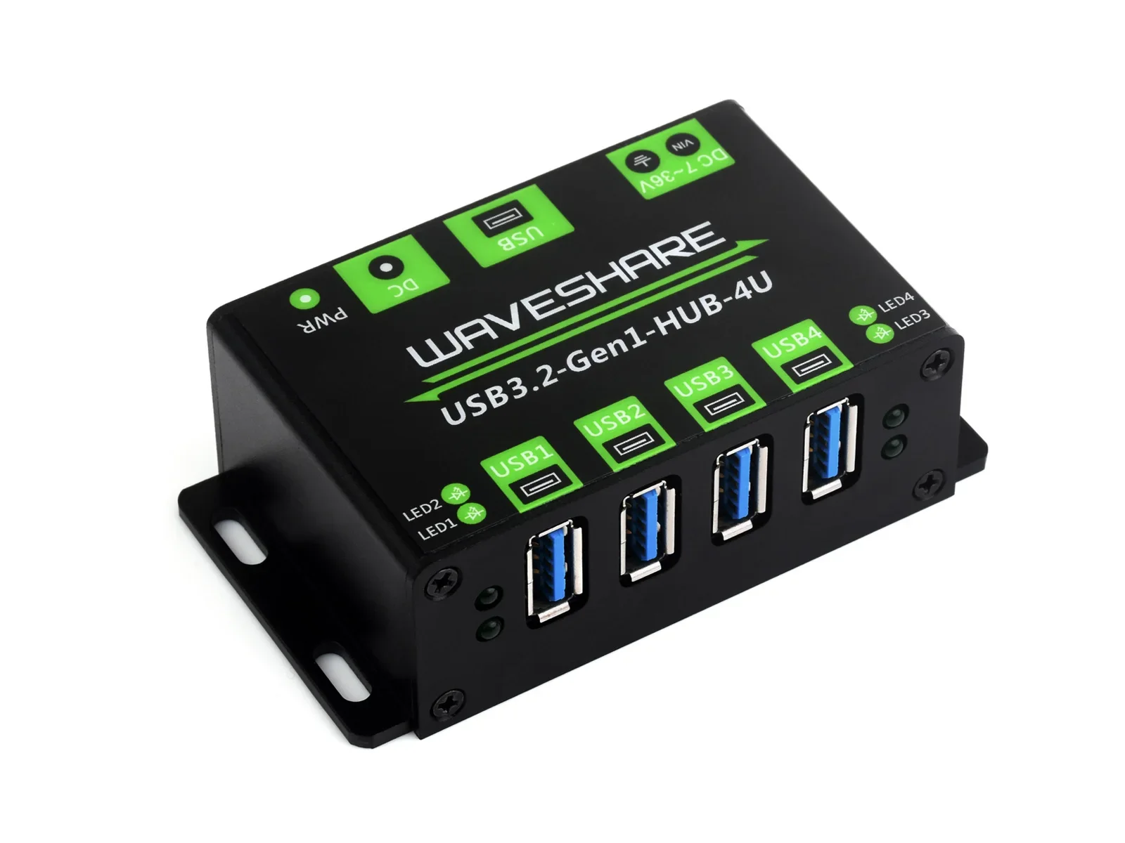 Waveshare 4-Ch USB 3.2 Gen1 HUB, Metal Case With Wall-Mount Support, Driver-Free, Plug-And-Play, for Windows macOS Linux Android