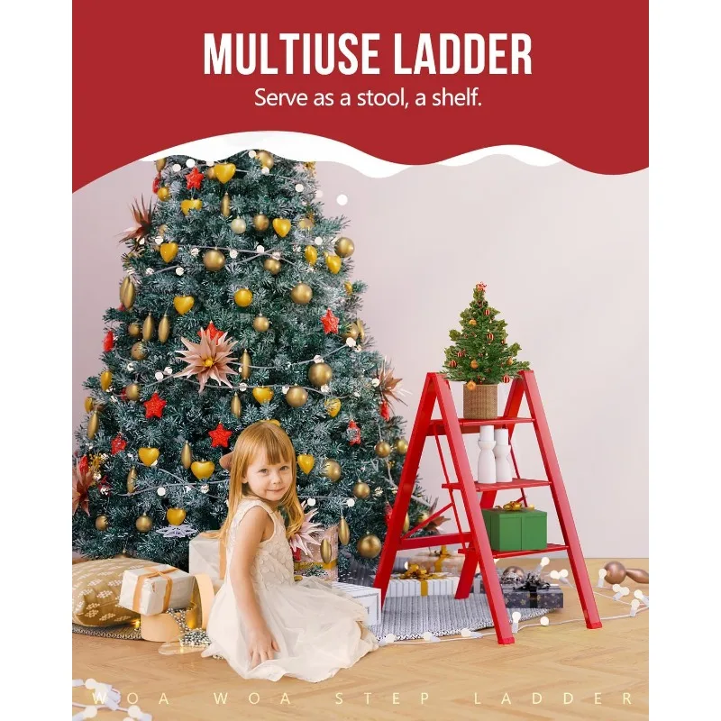 3 Step Ladder, Portable Step Stool to Reach High, Lightweight Aluminum Ladder 300 lbs Capacity, Foldable Compact Ladder