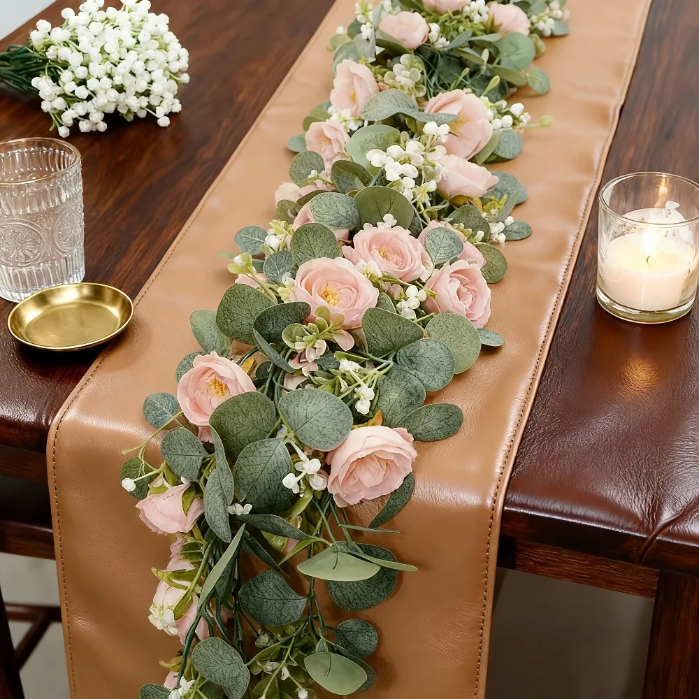 

Искусственная гирлянда из эвкалипта с белыми и синими розами, имитация цветочной гирлянды из роз и зелени для свадьбы