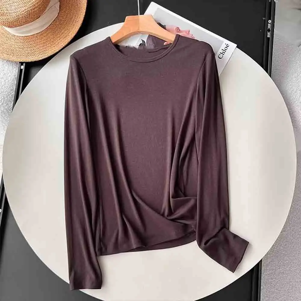 

Women 2024 Spring New Fashionable Basic Inner Base Retro Long Sleeve Chic Round Neck All-match Top Mujer