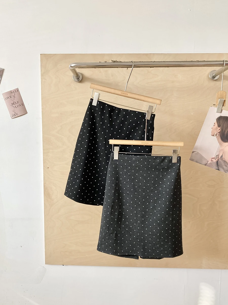 

Корейская модная женская зимняя шерстяная юбка миди А-силуэта с высокой талией в горошек, элегантная, стройнящая, для повседневной носки